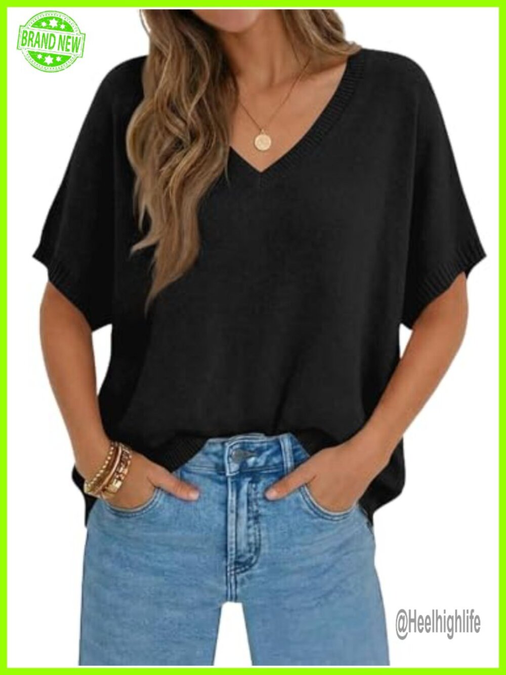 Women's Oversized Batwing V-Neck Short Sleeve Knit Sweater